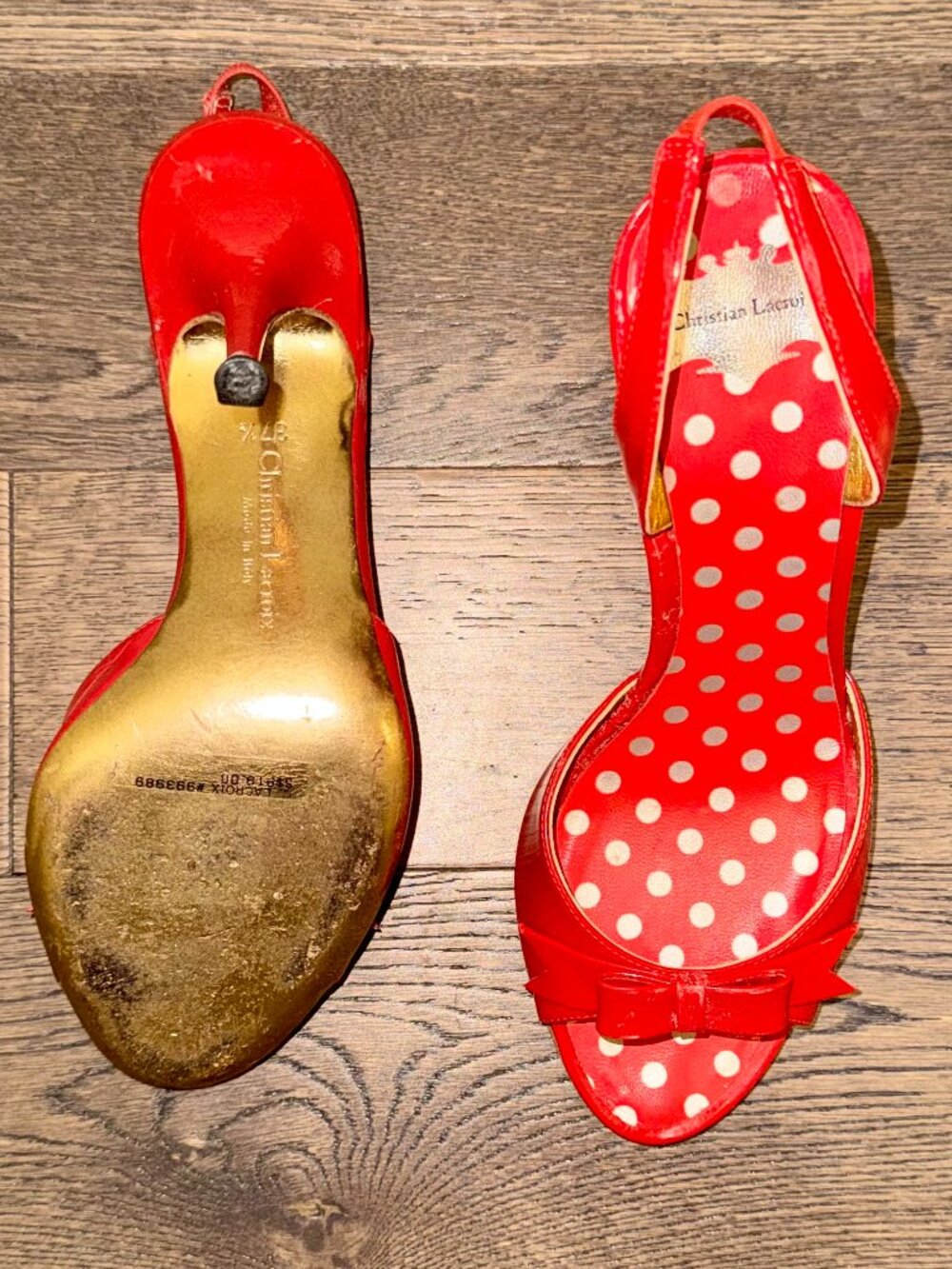 Christian Lacroix Patent Red Leather Bow Accents Slingback Heels - Picture 4 of 10